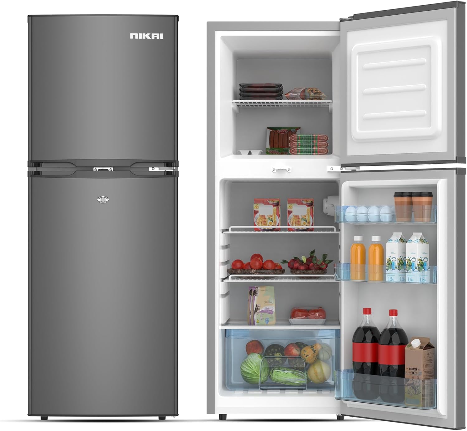 Nikai 190L Gross/138L Net, Double Door Refrigerator with Vegetable Crisper & Adjustable Glass Shelves, Defrosting & Temperature Control, Ideal for Kitchen, Bedroom, Office & Hotels - NRF190DN4S Silver