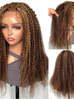 Black women's curly hair 150% density high temperature silk artificial human hair front small lace wig glueless wig party vacation wear daily wear wig (14 inch, Brown gold)