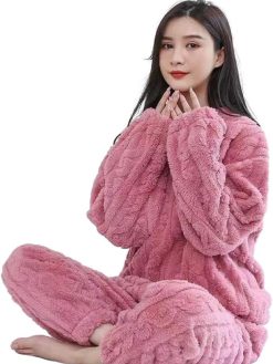 Lamala Womens Long Sleeve Winter Warm Furry Fleece Pajamas Pyjamas Sets Warm Fleece Loungewear Ladies Pajamas Set Womens Home Clothing Set