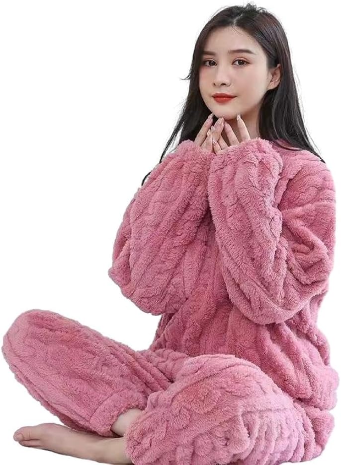 Lamala Womens Long Sleeve Winter Warm Furry Fleece Pajamas Pyjamas Sets Warm Fleece Loungewear Ladies Pajamas Set Womens Home Clothing Set