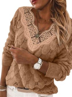 Yousify Women Lace V Neck Long Sleeve Pullover Sweaters Lightweight Knit Solid Color Novelty Jumper Tops