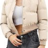 Womens Cropped Puffer Jacket Zip Up Long Sleeve Stand Collar Winter Padded Coat Short Warm Outerwear