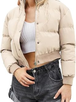 Womens Cropped Puffer Jacket Zip Up Long Sleeve Stand Collar Winter Padded Coat Short Warm Outerwear