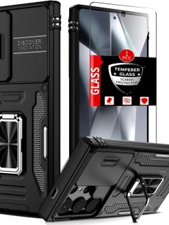 [1+2] Phone Case for Samsung Galaxy S24 Ultra 5G, [with 2X Screen Protector], Kickstand Case with Slide Camera Cover & Magnetic Ring Stand Shockproof Case (Black, Samsung Galaxy S24 Ultra 5G)