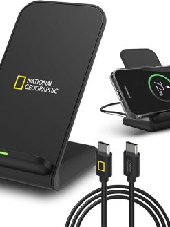 National Geographic Wireless Charger Stand-Slim 15W Fast Charge, Dual Coil, FOD Sensor, Qi Certified For iPhone 16 Pro Max/16 Pro/15/14, Samsung S25/24/S23/S22, Fold 6/5 Quick Charge