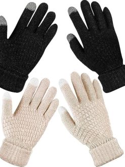 Sunscreen 2 Pairs Women's Winter Touchscreen Gloves Warm Fleece Lined Knit Gloves Elastic Cuff Winter Texting Gloves