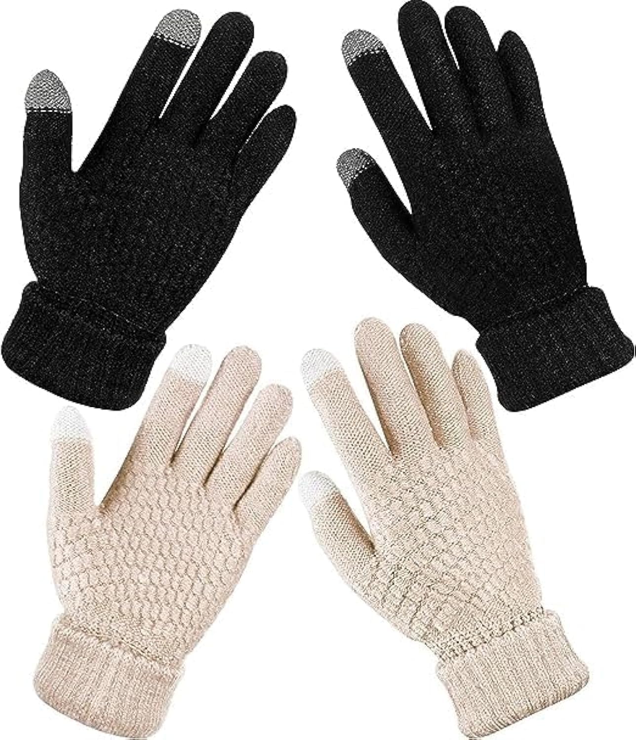 Sunscreen 2 Pairs Women's Winter Touchscreen Gloves Warm Fleece Lined Knit Gloves Elastic Cuff Winter Texting Gloves