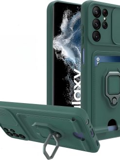 for Samsung Galaxy S24 Ultra Case with Built-in Slide Camera Cover and Kickstand,Luxury Silicone Back Case (Green)