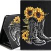 Case for Amazon Kindle Fire 7 Tablet (7 Inch, 9th/7th Generation, 2019/2017 Release), Premium PU Leather Stand Cover with Auto Wake/Sleep - Western Cowboy Boots with Sunflower