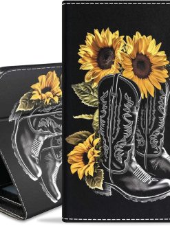 Case for Amazon Kindle Fire 7 Tablet (7 Inch, 9th/7th Generation, 2019/2017 Release), Premium PU Leather Stand Cover with Auto Wake/Sleep - Western Cowboy Boots with Sunflower