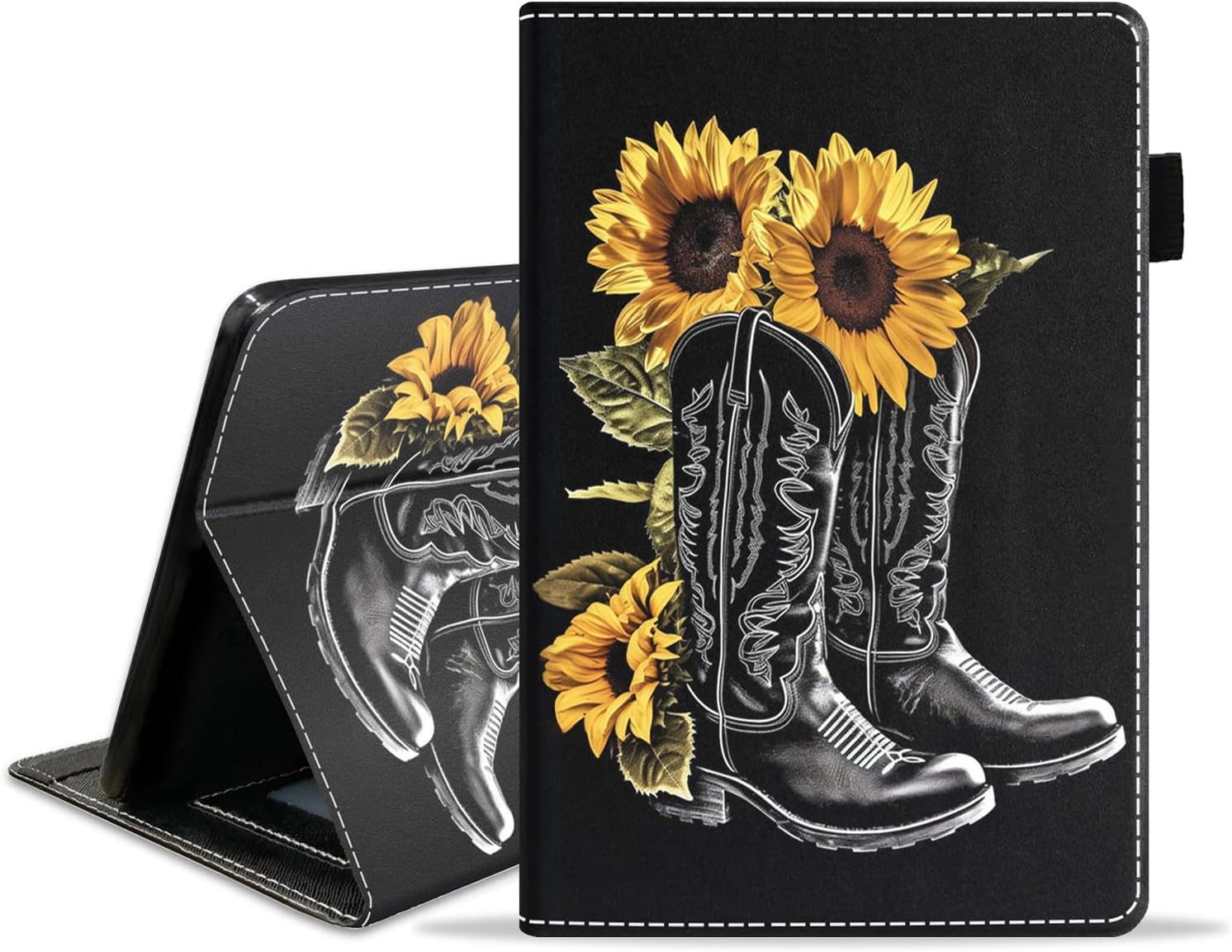 Case for Amazon Kindle Fire 7 Tablet (7 Inch, 9th/7th Generation, 2019/2017 Release), Premium PU Leather Stand Cover with Auto Wake/Sleep - Western Cowboy Boots with Sunflower