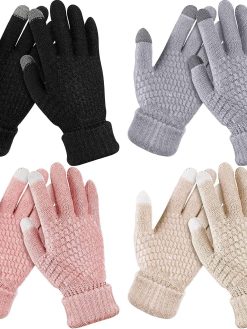 4 Pairs Women's Winter Touch Screen Gloves Warm Fleece Lined Knit Gloves Elastic Cuff Winter Texting Gloves