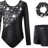 Leotards for Girls Gymnastics, Long Sleeve Sparkly Biketard with Shorts, Ballet Tumbling Outfit for 7-10 Years NO.140 (Bust 67, Length 55, Sleeve 43, Waist 48, Pants Length 23)