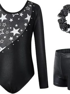 Leotards for Girls Gymnastics, Long Sleeve Sparkly Biketard with Shorts, Ballet Tumbling Outfit for 7-10 Years NO.140 (Bust 67, Length 55, Sleeve 43, Waist 48, Pants Length 23)