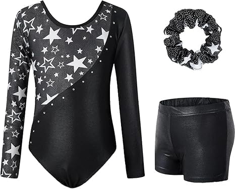 Leotards for Girls Gymnastics, Long Sleeve Sparkly Biketard with Shorts, Ballet Tumbling Outfit for 7-10 Years NO.140 (Bust 67, Length 55, Sleeve 43, Waist 48, Pants Length 23)