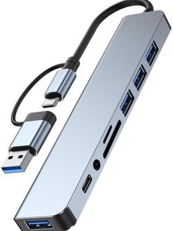 BODANBRO USB3.0&USB-C 8-port hub with Type-C, USB3.0, 3USB2.0, SD/TF Card Reader, 3.5mm Audio Compatible with Mac Book Pro and More USB/Type C Devices