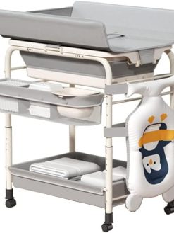 COOLBABY Portable Baby Changing Table,Foldable Changing Table Dresser Changing Station for Infant,Nursing Bath 2 in 1,Mobile Nursery Organizer for Newborn Essentials,Grey(No bath mat)