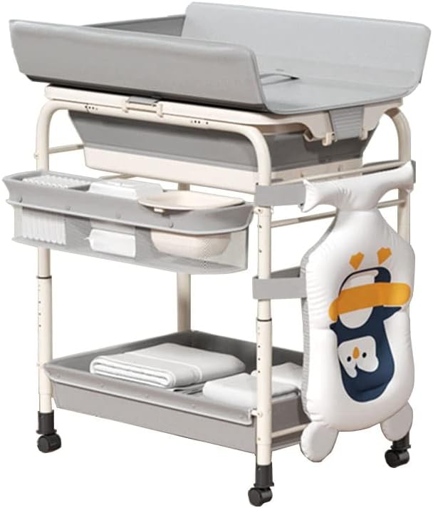 COOLBABY Portable Baby Changing Table,Foldable Changing Table Dresser Changing Station for Infant,Nursing Bath 2 in 1,Mobile Nursery Organizer for Newborn Essentials,Grey(No bath mat)