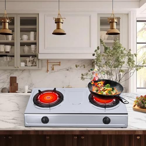 Redsun 2-Burner LPG Gas Stove with Ceramic Infrared Burners – Portable Countertop Cooktop for Outdoor BBQ, Hotpot, Stir-Fry, RV Cooking – Stainless Steel Panel, Windproof Design – Model TG211D