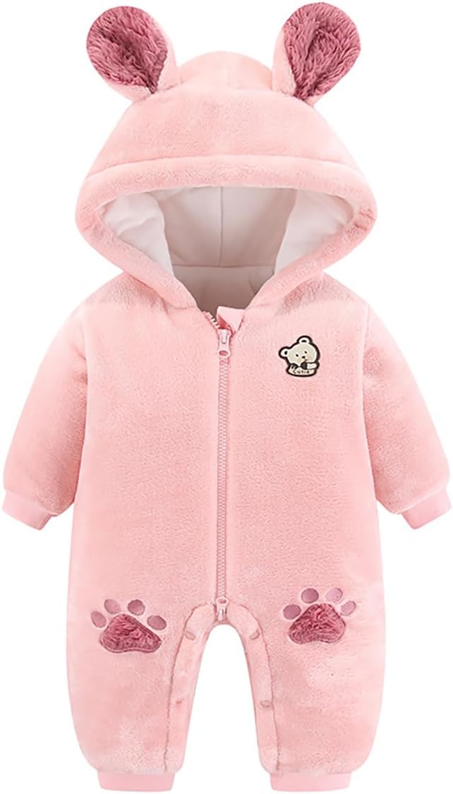 YWhalep Baby Snowsuit for Boy Girl Winter Warm Clothes Bear Fleece Coat Hooded Infant Jumpsuit Toddler Thicken Outwear Outfit, Pink