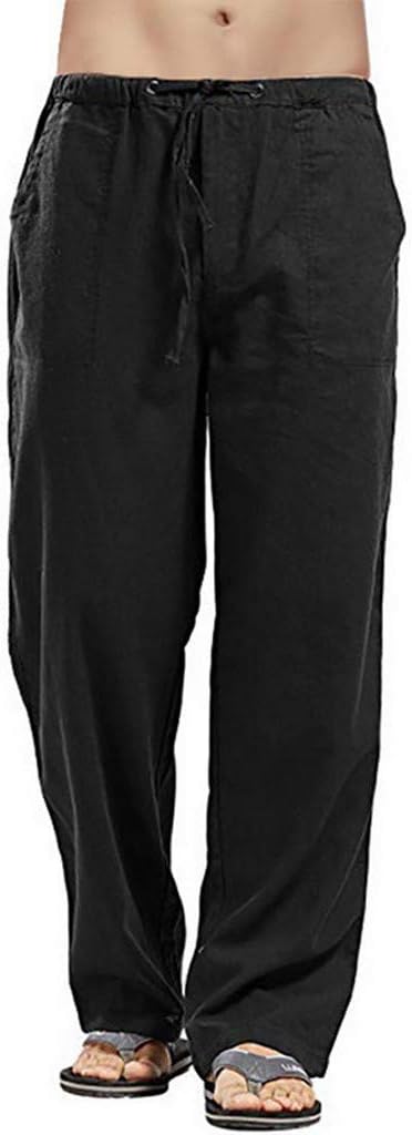 Zzhuyi Men's Linen Elastic Straight Pure Color Long Pants Cargo Chino Elastic Stretch Large Size Trousers Overall Casual Printed Work And Relax Bottoms, Black, XXL