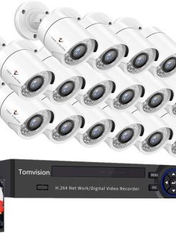 Tomvision 16CH Full HD 2.0MP Surveillance Security System 16Channel Standalone H.265+ DVR AHD 16pcs Bullet CCTV Infrared Day/Night Camera Kit