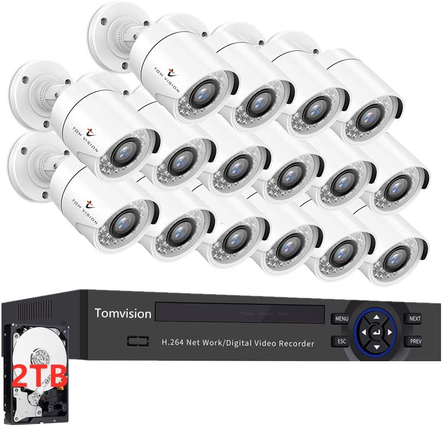 Tomvision 16CH Full HD 2.0MP Surveillance Security System 16Channel Standalone H.265+ DVR AHD 16pcs Bullet CCTV Infrared Day/Night Camera Kit