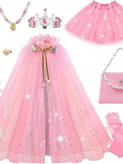 HASTHIP® 11PCS Princess Dress up Clothes for Girl, Princess Cape kit with Beaded Jewelry, Princess Cosplay Up Set Birthday Gift for 3-8 Years Old (Pink)