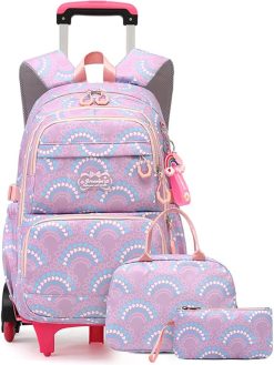 3Pcs Girls Rolling Backpack Kids Bookbag with Wheels Set Elementary Students Schoolbag