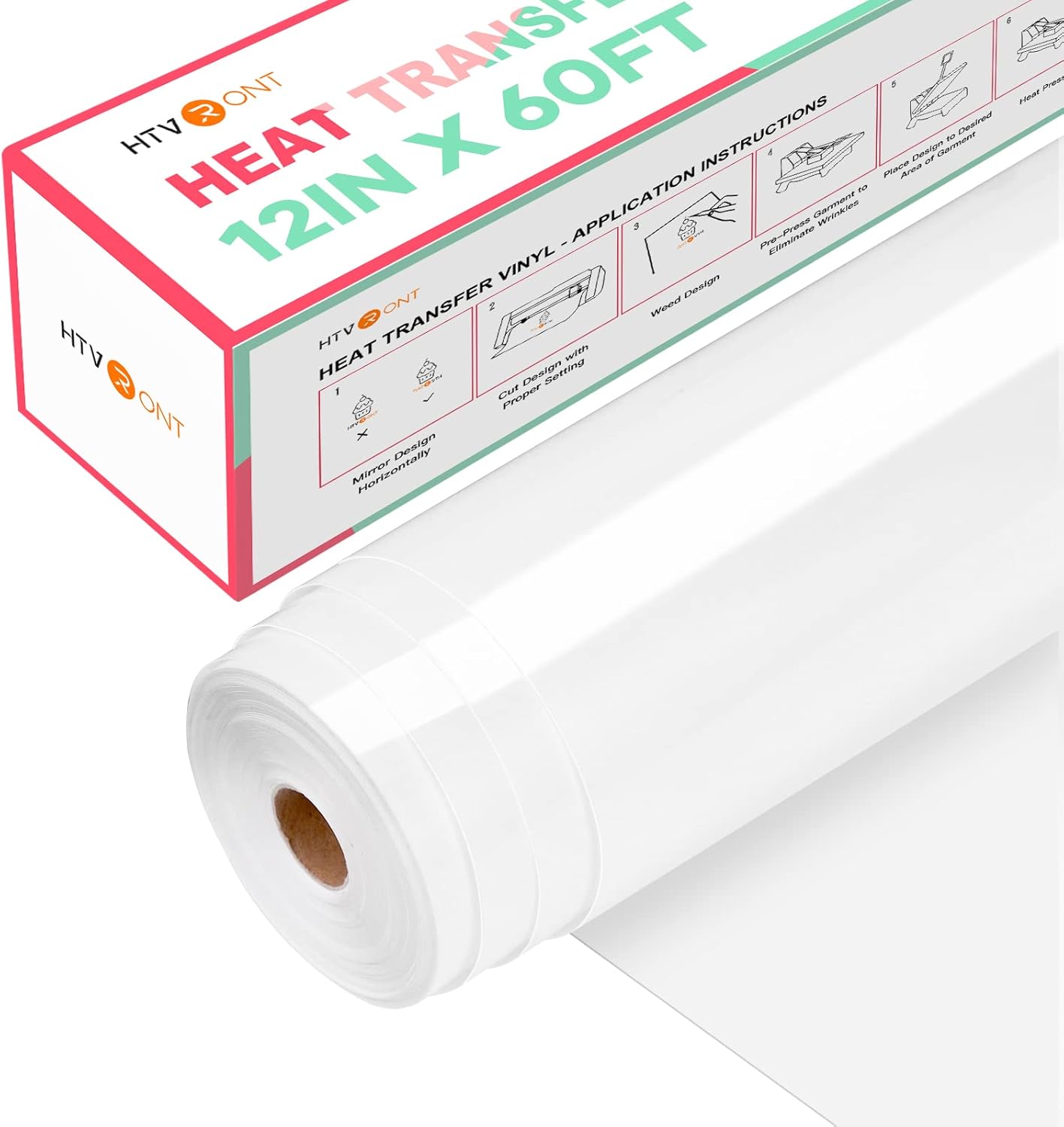 HTVRONT Heat Transfer Vinyl White Iron on Vinyl-12 x 60FT White HTV Vinyl Roll Easy to Cut & Weed for Heat Vinyl Design