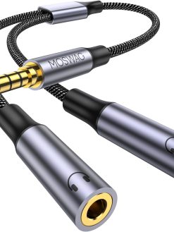 MOSWAG Mic Headphone Splitter, 3.5mm Jack Adapter TRRS 4-Pole Male to 2 Dual Female Splitter Compatible with Tablets, Laptop, Smartphone, Speaker
