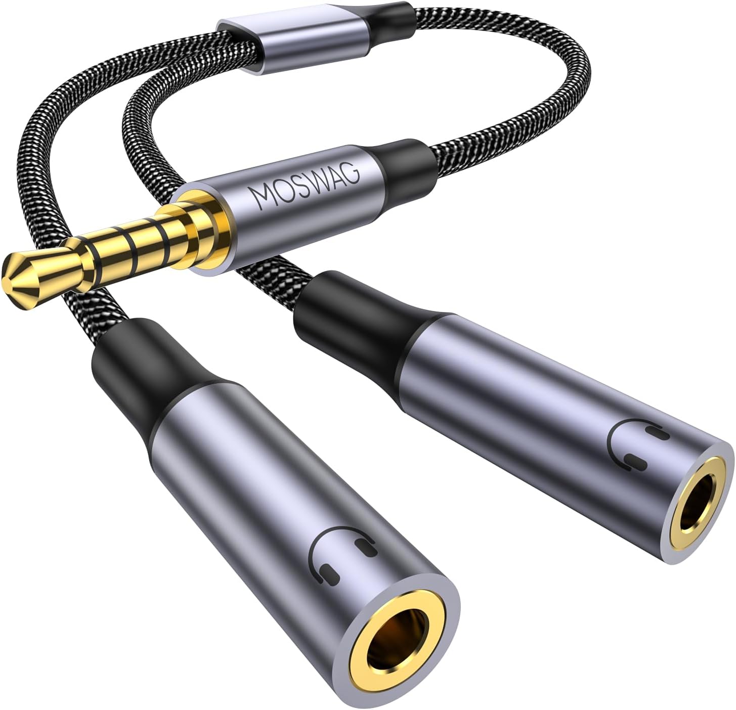 MOSWAG Mic Headphone Splitter, 3.5mm Jack Adapter TRRS 4-Pole Male to 2 Dual Female Splitter Compatible with Tablets, Laptop, Smartphone, Speaker