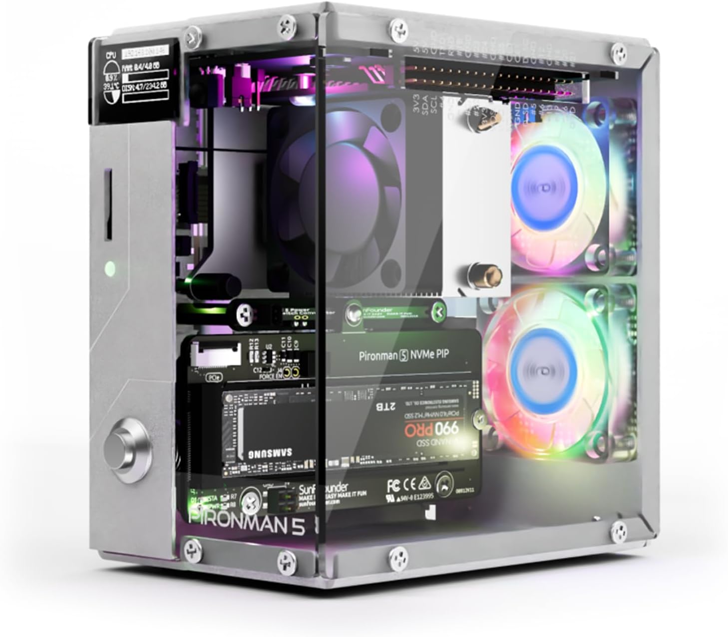 SunFounder Pironman 5 NVMe M.2 SSD PCIe Mini PC Case for Raspberry Pi 5 with Tower Cooler+Dual RGB Fans, 0.96'' OLED Module, Safe Shutdown, Standard HDMI, RGB Effect, Stylish Design, High performance