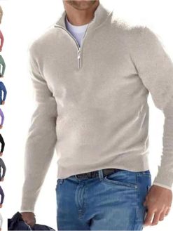 Men's Basic Zipped Sweater Long-Sleeve Quarter-Zip Fleece Sweatshirt Pullover Polo Sweater Casual Solid Color Thermal Tops, M