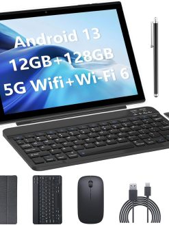 Android 13 Tablet 10 inch 2 in 1 with Keyboard and Mouse Case Stylus, 12GB RAM 128GB ROM 1TB Expand, Quad-Core 2.0GHz CPU Tablet PC, 5G WiFi 6 BT 5.0, 8MP Camera, Tablet