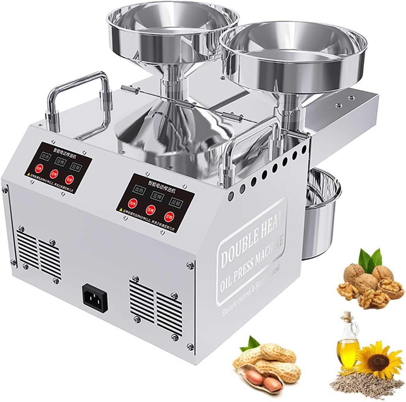 PAHION Double Head Oil Press Machine Commercial Automatic Electric Oil Press Extractor 304 Stainless Steel Cold/Heat Oil Press Expeller Easily Extract Nut Peanut Sesame Rapeseed Walnut Oil