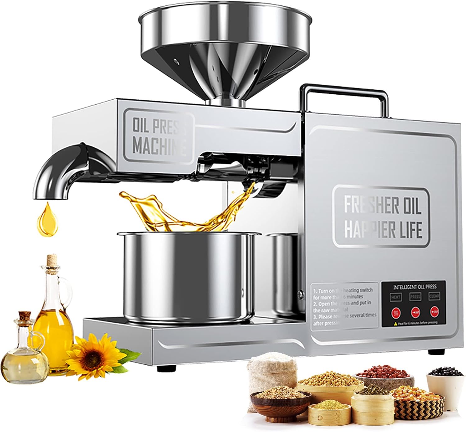 AXNI Stainless Steel Oil Press, Electric Oil Press, 3-6Kg/Hour Oil Output, Hot And Cold Organic Oil Press, Intelligent Temperature Control, High Oil Output Commercial/Household