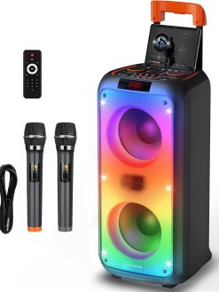 Karaoke Speaker with Microphone, Hukkmela Karaoke Machine Bluetooth Party Speaker with 3 Microphones, Portable PA System, Compatible with TF/USB/AUX, Bluetooth 5.3 TWS & LED Mode