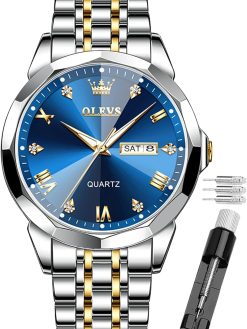 OLEVS Watch for Men Quartz Stainless Steel Waterproof Luminous Date Two Tone Luxury Wrist Watch (GW-G9931-blue watch for men)