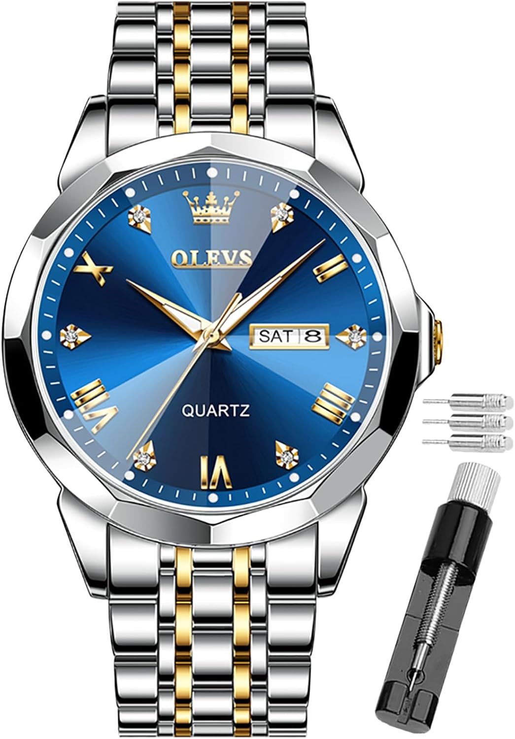 OLEVS Watch for Men Quartz Stainless Steel Waterproof Luminous Date Two Tone Luxury Wrist Watch (GW-G9931-blue watch for men)
