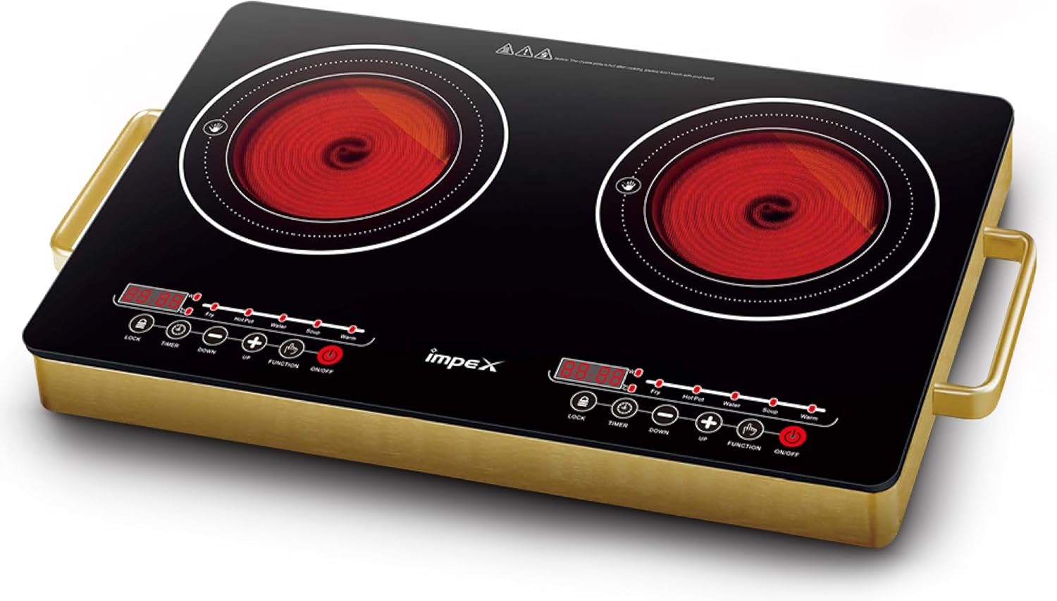 IMPEX Double Infrared Cooktop, 2 Burner Electric Stove with 4-digit LED Display, Touch Sensor, 5 Cooking Modes, 8 Power Levels, 4-hour Timer, Micro Crystal Plate, Overheat Protection, 2-year Warranty