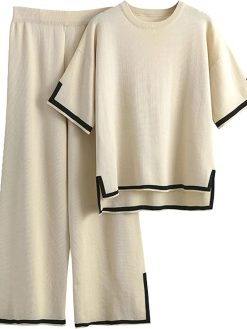 Faleave Womens Knit 2 Piece Sweater Sets Short Sleeve Pullover Tops Elastic Waist Wide Leg Pants Lounge Set