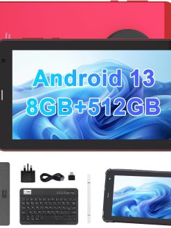 C idea 7 Inch Tablet,Android 13 Tablet,Quad Core Processor,8GB RAM 512GB ROM,512GB Expand,Dual Camera,Tablet with SIM, WiFi,Bluetooth,Case,StylusCM518 Pro (Red)