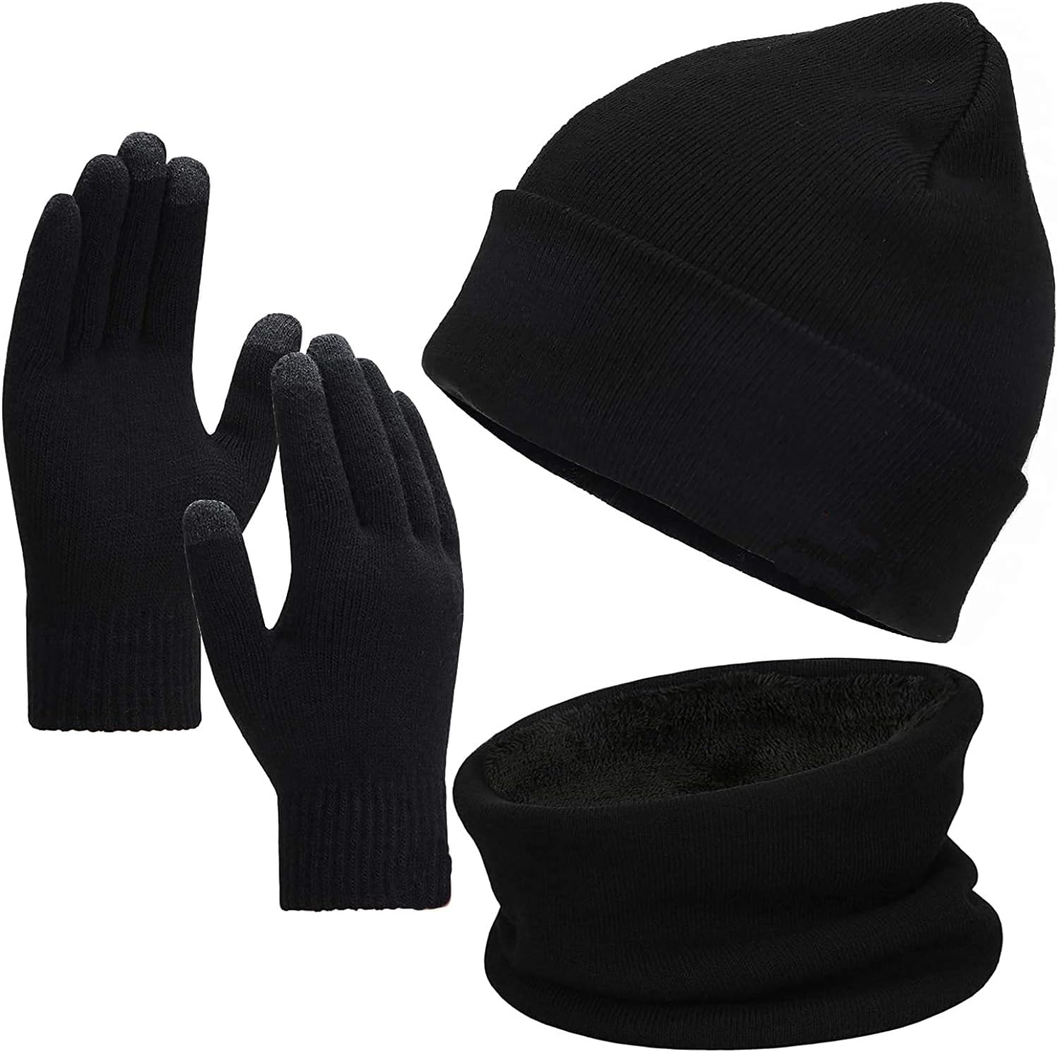 Hat Scarf Set Winter Beanie Hat Scarf Touch Screen Gloves for Men and Women Knit Thick Fleece Lined Beanie Set, One Size