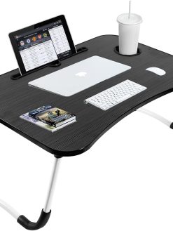 SKY-TOUCH Portable Folding Laptop Desk for Bed，With iPad and Cup Holder Adjustable Lap Tray Notebook Stand， Foldable Non-Slip Legs Reading Table Tray for working，studying，camping 60x40x28cm Black
