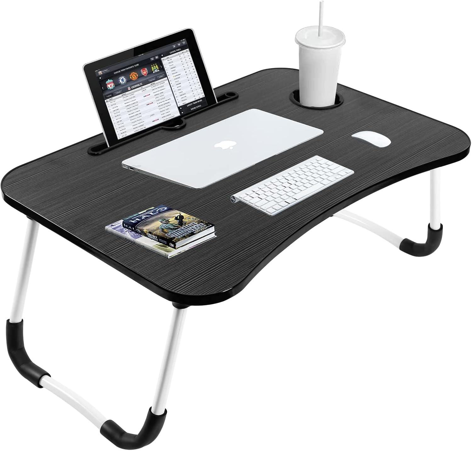SKY-TOUCH Portable Folding Laptop Desk for Bed,With iPad and Cup Holder Adjustable Lap Tray Notebook Stand, Foldable Non-Slip Legs Reading Table Tray for working,studying,camping 60x40x28cm Black
