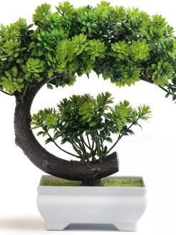 Angju Fake Plants Plastic Artificial Bonsai Tree, Faux Tree with Plastic Pot, for Home Table Office Desk Bathroom Shelf Bedroom Living Room Farmhouse Decorations (Small Green)