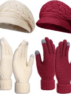 4 Pieces Women Winter Hat and Glove Set, Warm Knitted Beanie Hat Glove Snow Ski Skull Cap with Visor and Touchscreen Glove