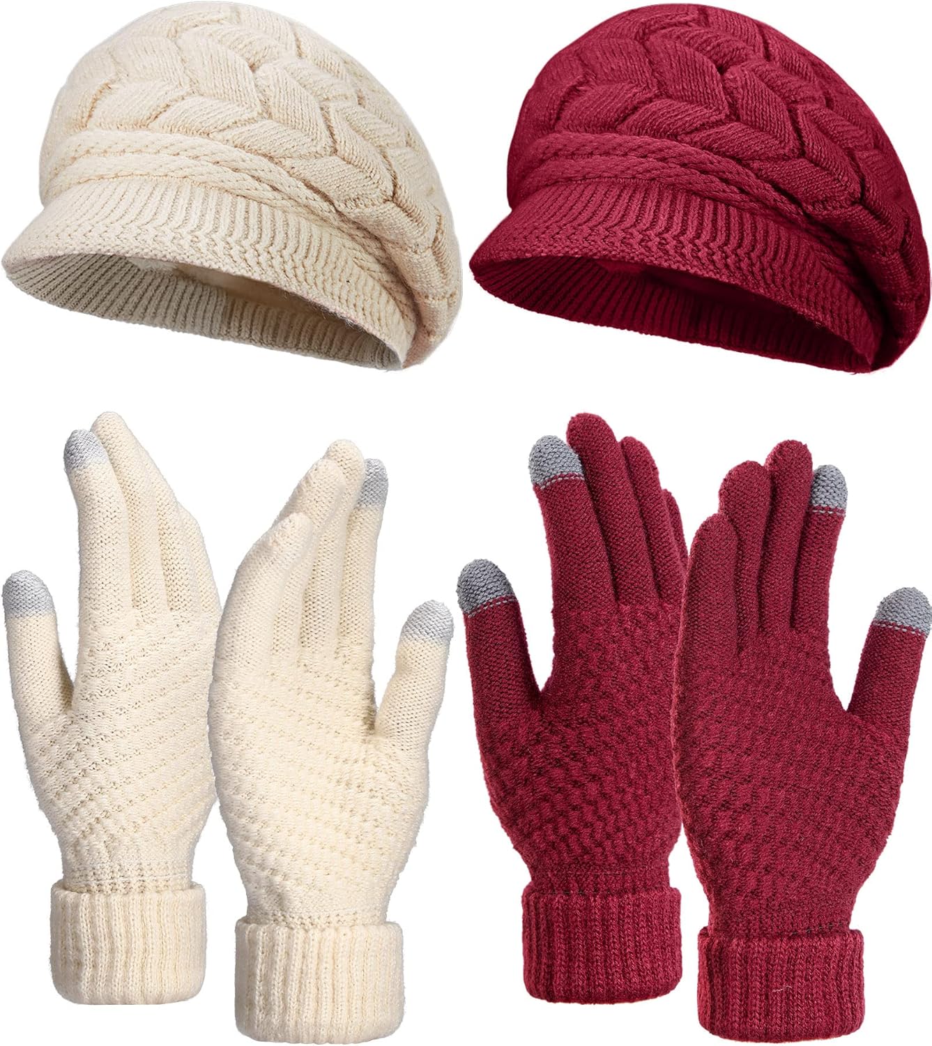 4 Pieces Women Winter Hat and Glove Set, Warm Knitted Beanie Hat Glove Snow Ski Skull Cap with Visor and Touchscreen Glove