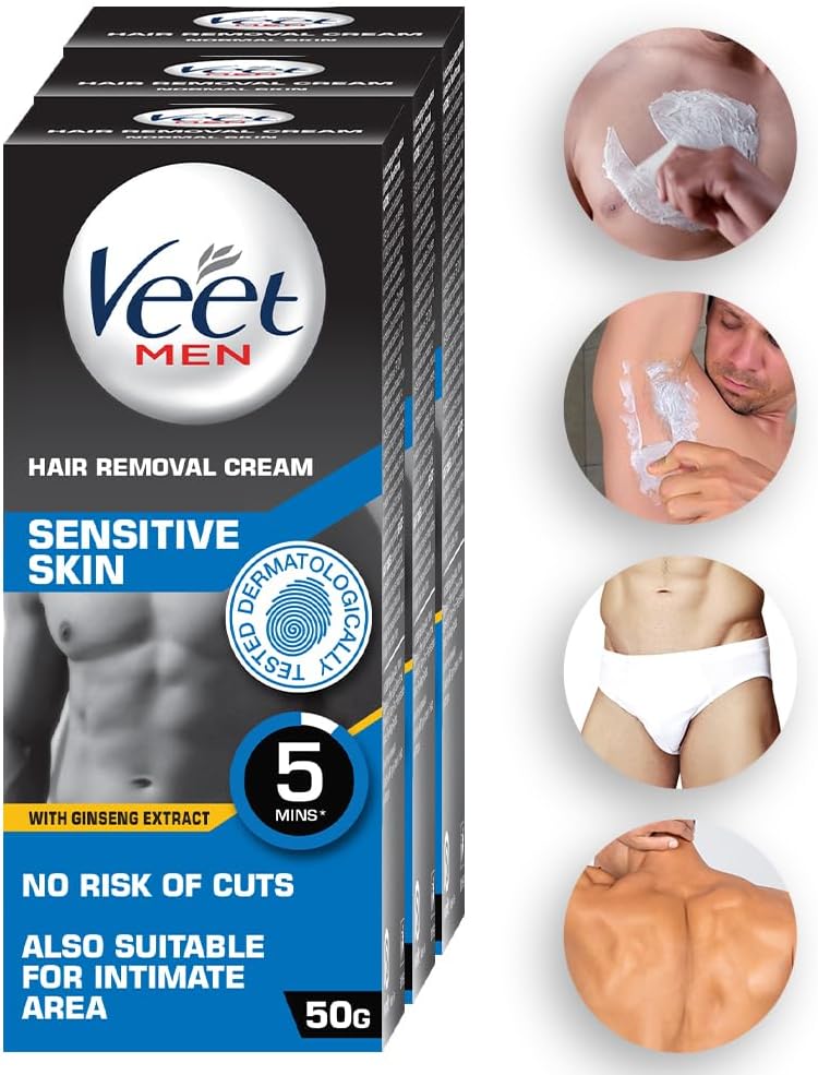 Veet Hair Removal Cream for Men, Sensitive Skin, 50g Each (Pack of 3) packaging may vary